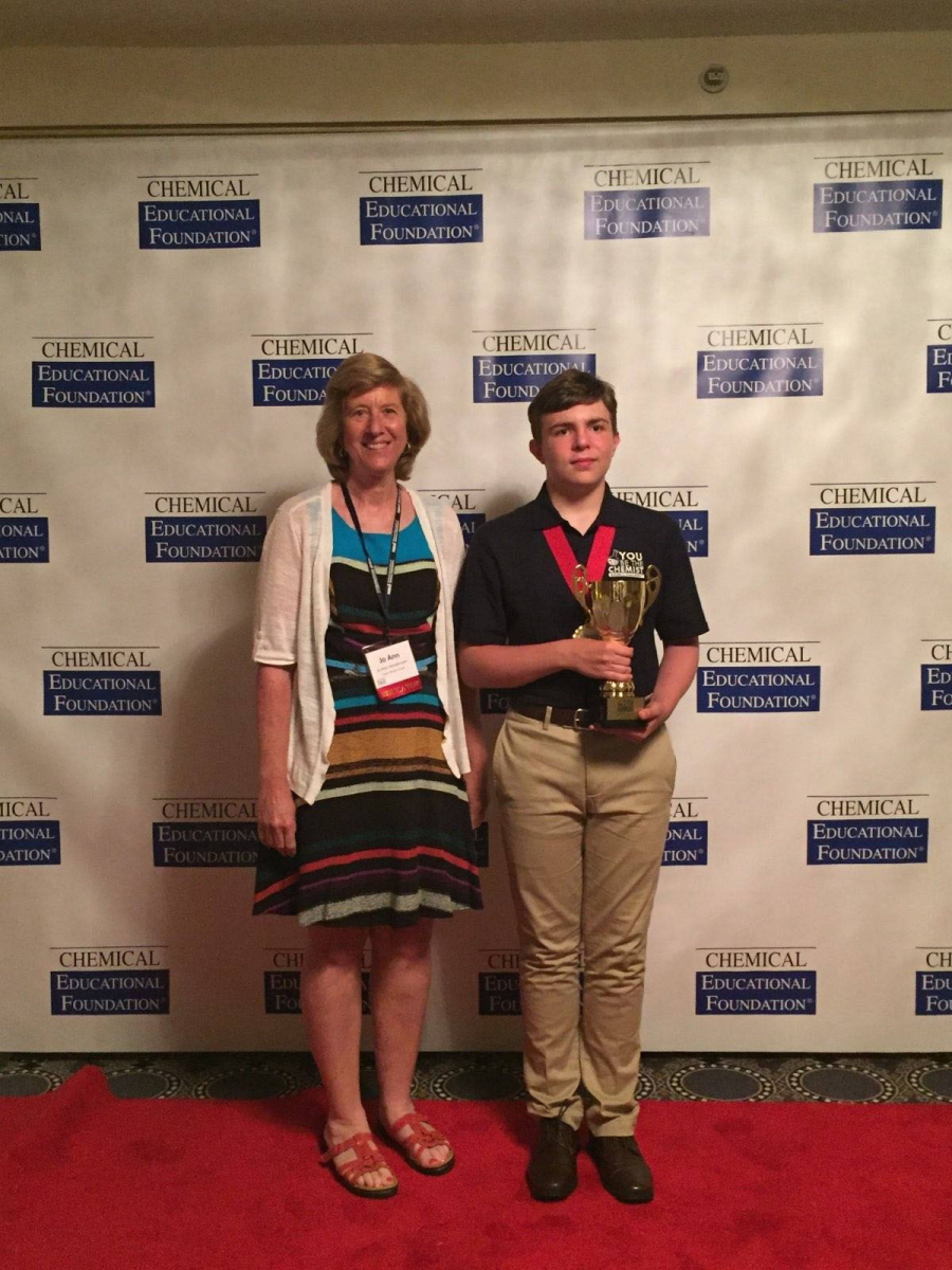Lee Garber-Ford with teacher, Jo Henderson, in Washington, D.C. after winning third place at the You Be the Chemist National Competition.